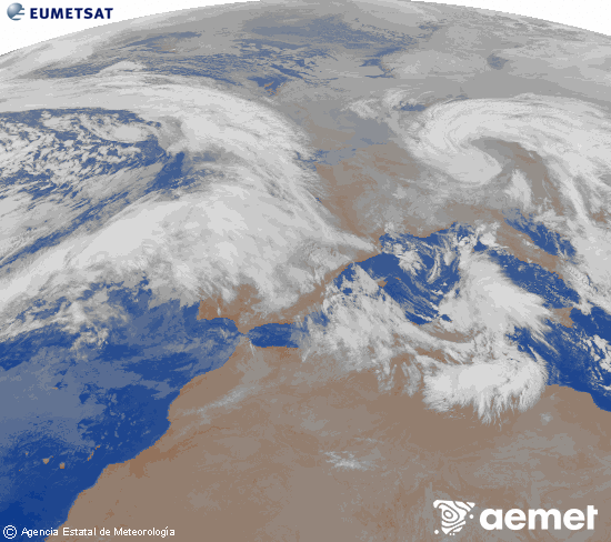 Imagen de la zona de Europa y Norte de �frica del canal infrarrojo del sat�lite Meteosat operacional en 0�N 0�W, procesada para darle color.&nbsp;lunes, 26 enero 2026 a las 05:00