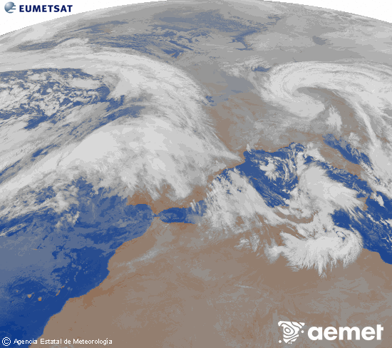 Imagen de la zona de Europa y Norte de �frica del canal infrarrojo del sat�lite Meteosat operacional en 0�N 0�W, procesada para darle color.&nbsp;lunes, 26 enero 2026 a las 06:00