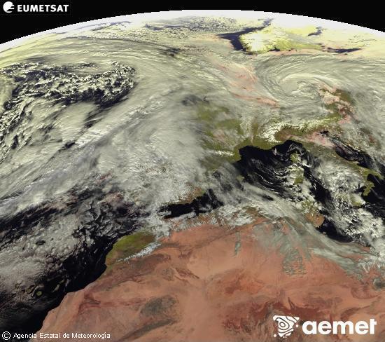 Aquesta imatge es genera utilitzant informaci� dels canals visibles del sat�l�lit METEOSAT, que pertany a la segona generaci� de sat�l�lits Meteosat (MSG). Per aquest motiu, nom�s hi ha informaci� en la zona il�luminada pel sol. A m�s, els canals han sigut normalitzats perqu� la lluentor no depenga de la posici� del sol.&nbsp;dilluns, 26 de gener  2026 13:00