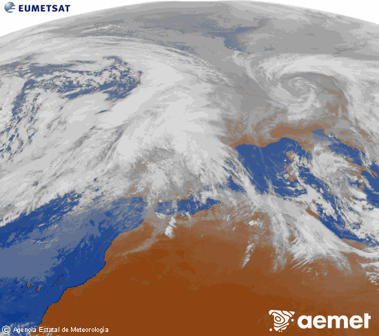 Imagen de la zona de Europa y Norte de �frica del canal infrarrojo del sat�lite Meteosat operacional en 0�N 0�W, procesada para darle color.&nbsp;lundi, 26 janvier  2026 15:00