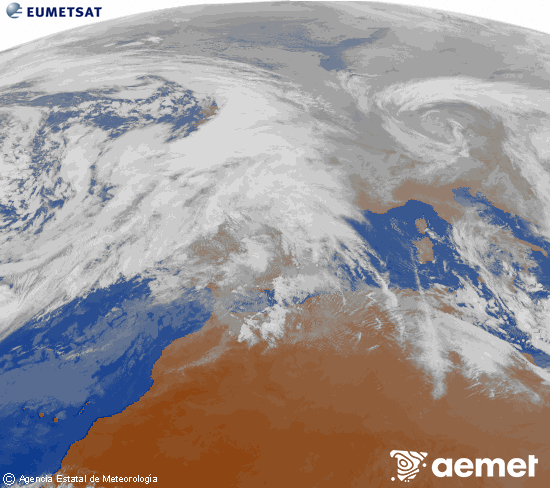 Imagen de la zona de Europa y Norte de �frica del canal infrarrojo del sat�lite Meteosat operacional en 0�N 0�W, procesada para darle color.&nbsp;lundi, 26 janvier  2026 17:00
