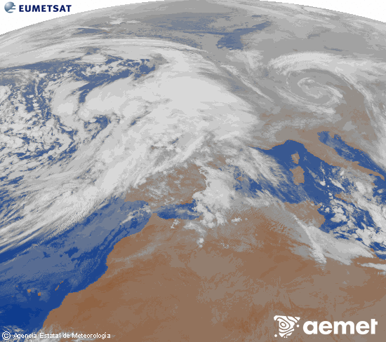 Imagen de la zona de Europa y Norte de �frica del canal infrarrojo del sat�lite Meteosat operacional en 0�N 0�W, procesada para darle color.&nbsp;lundi, 26 janvier  2026 21:00
