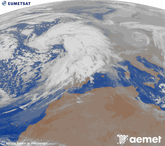 Imagen de la zona de Europa y Norte de �frica del canal infrarrojo del sat�lite Meteosat operacional en 0�N 0�W, procesada para darle color.&nbsp;mardi, 27 janvier  2026 03:00