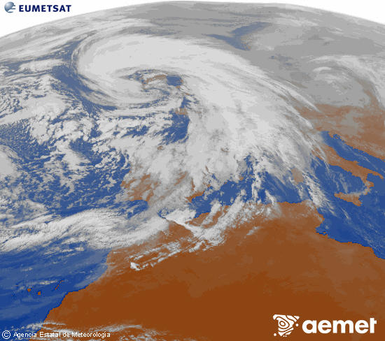 Imagen de la zona de Europa y Norte de �frica del canal infrarrojo del sat�lite Meteosat operacional en 0�N 0�W, procesada para darle color.&nbsp;mardi, 27 janvier  2026 13:00