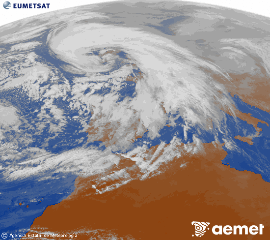 Imagen de la zona de Europa y Norte de �frica del canal infrarrojo del sat�lite Meteosat operacional en 0�N 0�W, procesada para darle color.&nbsp;mardi, 27 janvier  2026 14:00