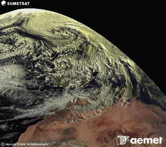 Esta imagen se genera utilizando informaci�n de los canales visibles del sat�lite METEOSAT perteneciente a la segunda generaci�n de sat�lites Meteosat (MSG). Por ese motivo, s�lo hay informaci�n en la zona iluminada por el sol. Adem�s, los canales han sido normalizados para que el brillo no dependa de la posici�n del sol.&nbsp;asteartea, 2026ko urtarrilak 27, ordua: 17:00