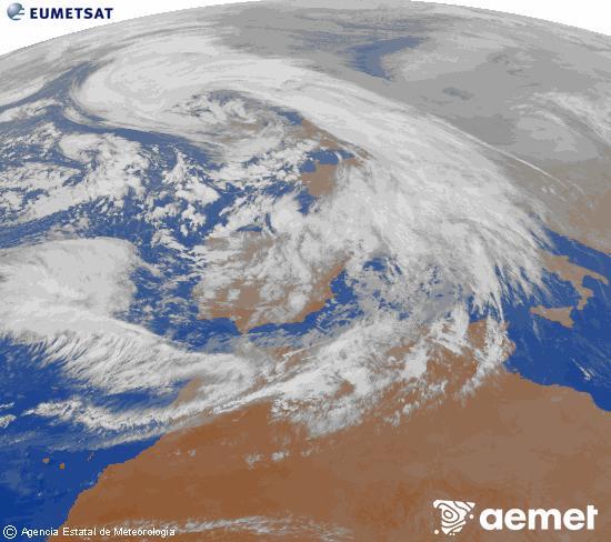 Imagen de la zona de Europa y Norte de �frica del canal infrarrojo del sat�lite Meteosat operacional en 0�N 0�W, procesada para darle color.&nbsp;mardi, 27 janvier  2026 19:00