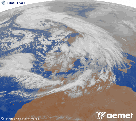 Imagen de la zona de Europa y Norte de �frica del canal infrarrojo del sat�lite Meteosat operacional en 0�N 0�W, procesada para darle color.&nbsp;mardi, 27 janvier  2026 20:00