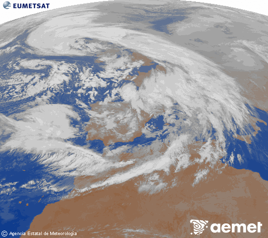 Imagen de la zona de Europa y Norte de �frica del canal infrarrojo del sat�lite Meteosat operacional en 0�N 0�W, procesada para darle color.&nbsp;mardi, 27 janvier  2026 21:00