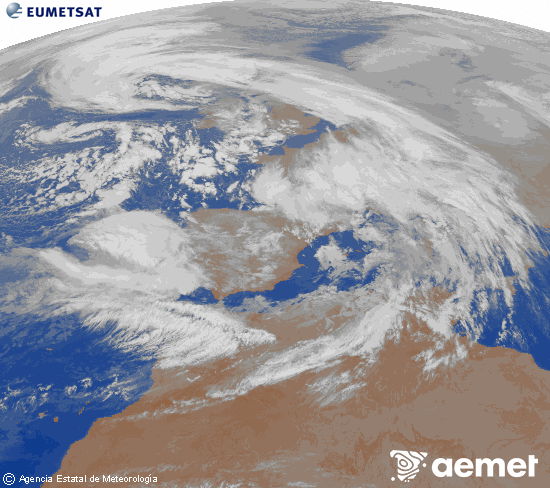 Imagen de la zona de Europa y Norte de �frica del canal infrarrojo del sat�lite Meteosat operacional en 0�N 0�W, procesada para darle color.&nbsp;mardi, 27 janvier  2026 23:00