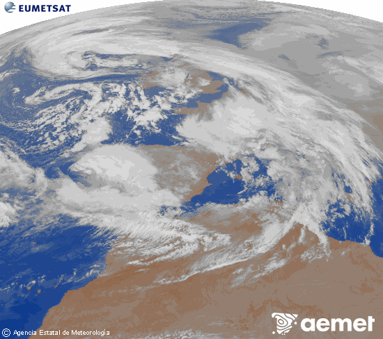 Imagen de la zona de Europa y Norte de �frica del canal infrarrojo del sat�lite Meteosat operacional en 0�N 0�W, procesada para darle color.&nbsp;mercredi, 28 janvier  2026 01:00