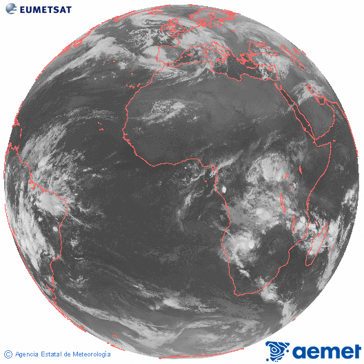 Imagen global del canal infrarrojo (10.8 &mu;m) del sat�lite Meteosat, perteneciente a la serie MSG (Meteosat Segunda Generaci�n) y situado en 0�N 0�E.&nbsp;mi�rcoles, 28 enero 2026 a las 01:00