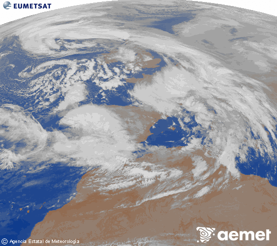 Imagen de la zona de Europa y Norte de �frica del canal infrarrojo del sat�lite Meteosat operacional en 0�N 0�W, procesada para darle color.&nbsp;mercredi, 28 janvier  2026 02:00