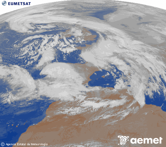 Imagen de la zona de Europa y Norte de �frica del canal infrarrojo del sat�lite Meteosat operacional en 0�N 0�W, procesada para darle color.&nbsp;mercredi, 28 janvier  2026 03:00