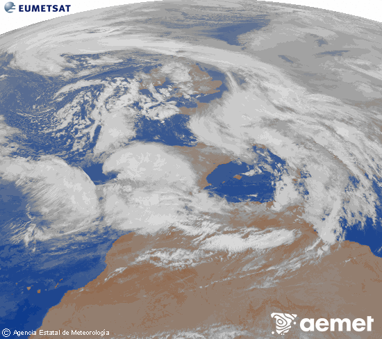 Imagen de la zona de Europa y Norte de �frica del canal infrarrojo del sat�lite Meteosat operacional en 0�N 0�W, procesada para darle color.&nbsp;mercredi, 28 janvier  2026 04:00