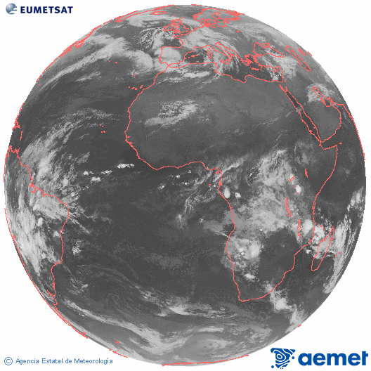 Imagen global del canal infrarrojo (10.8 &mu;m) del sat�lite Meteosat, perteneciente a la serie MSG (Meteosat Segunda Generaci�n) y situado en 0�N 0�E.&nbsp;mi�rcoles, 28 enero 2026 a las 04:00