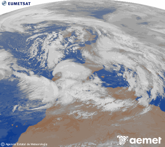Imagen de la zona de Europa y Norte de �frica del canal infrarrojo del sat�lite Meteosat operacional en 0�N 0�W, procesada para darle color.&nbsp;mercredi, 28 janvier  2026 06:00