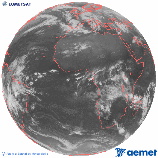 Imagen global del canal infrarrojo (10.8 &mu;m) del sat�lite Meteosat, perteneciente a la serie MSG (Meteosat Segunda Generaci�n) y situado en 0�N 0�E.&nbsp;mi�rcoles, 28 enero 2026 a las 07:00