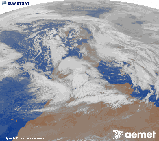 Imagen de la zona de Europa y Norte de �frica del canal infrarrojo del sat�lite Meteosat operacional en 0�N 0�W, procesada para darle color.&nbsp;mercredi, 28 janvier  2026 08:00