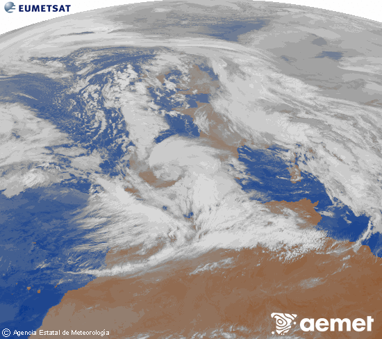 Imagen de la zona de Europa y Norte de �frica del canal infrarrojo del sat�lite Meteosat operacional en 0�N 0�W, procesada para darle color.&nbsp;mercredi, 28 janvier  2026 09:00