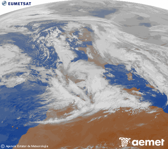 Imagen de la zona de Europa y Norte de �frica del canal infrarrojo del sat�lite Meteosat operacional en 0�N 0�W, procesada para darle color.&nbsp;mercredi, 28 janvier  2026 10:00