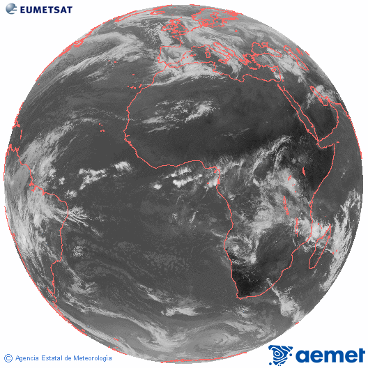 Imagen global del canal infrarrojo (10.8 &mu;m) del sat�lite Meteosat, perteneciente a la serie MSG (Meteosat Segunda Generaci�n) y situado en 0�N 0�E.&nbsp;mi�rcoles, 28 enero 2026 a las 10:00