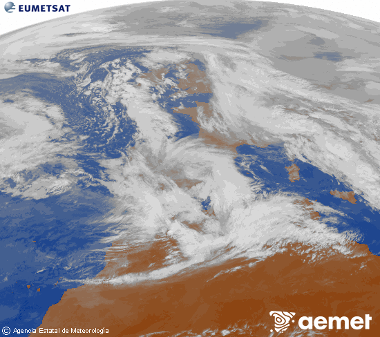 Imagen de la zona de Europa y Norte de �frica del canal infrarrojo del sat�lite Meteosat operacional en 0�N 0�W, procesada para darle color.&nbsp;mercredi, 28 janvier  2026 11:00