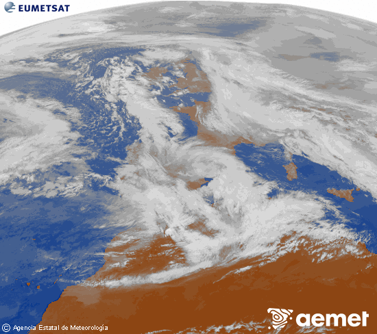 Imagen de la zona de Europa y Norte de �frica del canal infrarrojo del sat�lite Meteosat operacional en 0�N 0�W, procesada para darle color.&nbsp;mercredi, 28 janvier  2026 12:00