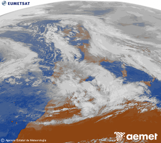 Imagen de la zona de Europa y Norte de �frica del canal infrarrojo del sat�lite Meteosat operacional en 0�N 0�W, procesada para darle color.&nbsp;mercredi, 28 janvier  2026 13:00