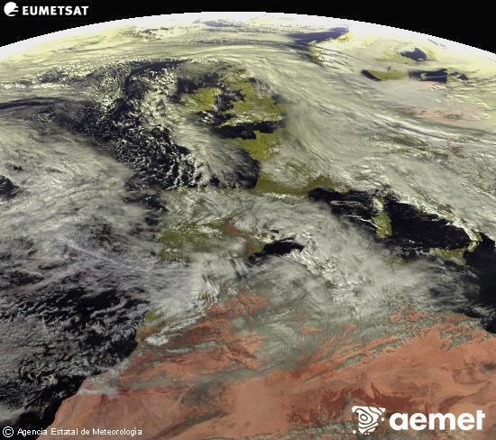 Esta imagen se genera utilizando informaci�n de los canales visibles del sat�lite METEOSAT perteneciente a la segunda generaci�n de sat�lites Meteosat (MSG). Por ese motivo, s�lo hay informaci�n en la zona iluminada por el sol. Adem�s, los canales han sido normalizados para que el brillo no dependa de la posici�n del sol.&nbsp;asteazkena, 2026ko urtarrilak 28, ordua: 14:00