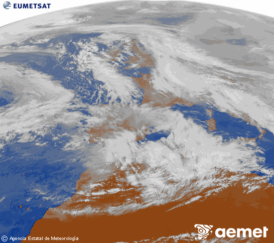 Imagen de la zona de Europa y Norte de �frica del canal infrarrojo del sat�lite Meteosat operacional en 0�N 0�W, procesada para darle color.&nbsp;mercredi, 28 janvier  2026 14:00