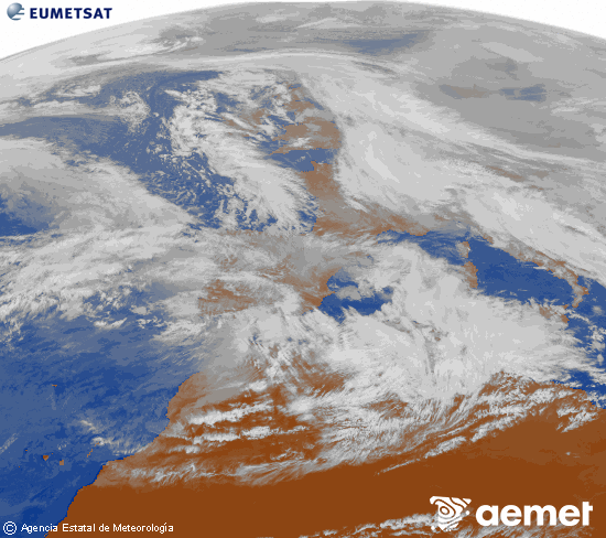 Imagen de la zona de Europa y Norte de �frica del canal infrarrojo del sat�lite Meteosat operacional en 0�N 0�W, procesada para darle color.&nbsp;mercredi, 28 janvier  2026 15:00