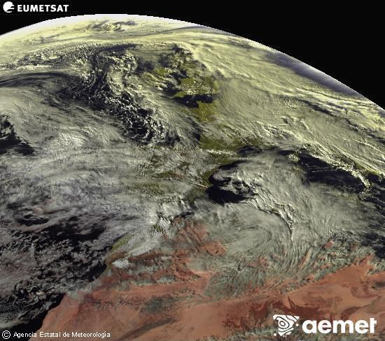 Esta imagen se genera utilizando informaci�n de los canales visibles del sat�lite METEOSAT perteneciente a la segunda generaci�n de sat�lites Meteosat (MSG). Por ese motivo, s�lo hay informaci�n en la zona iluminada por el sol. Adem�s, los canales han sido normalizados para que el brillo no dependa de la posici�n del sol.&nbsp;mi�rcoles, 28 enero 2026 a las 16:00