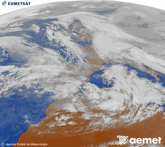 Imagen de la zona de Europa y Norte de �frica del canal infrarrojo del sat�lite Meteosat operacional en 0�N 0�W, procesada para darle color.&nbsp;Wednesday, 28 January  2026 17:00