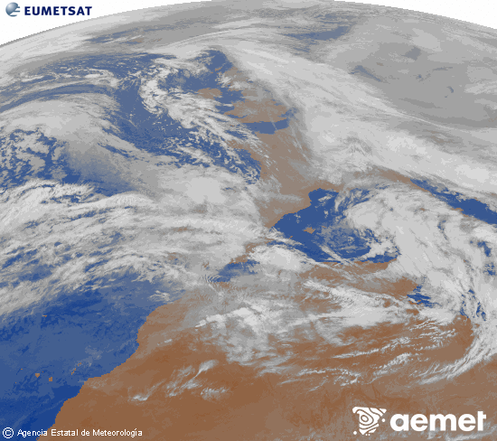 Imagen de la zona de Europa y Norte de �frica del canal infrarrojo del sat�lite Meteosat operacional en 0�N 0�W, procesada para darle color.&nbsp;Wednesday, 28 January  2026 21:00