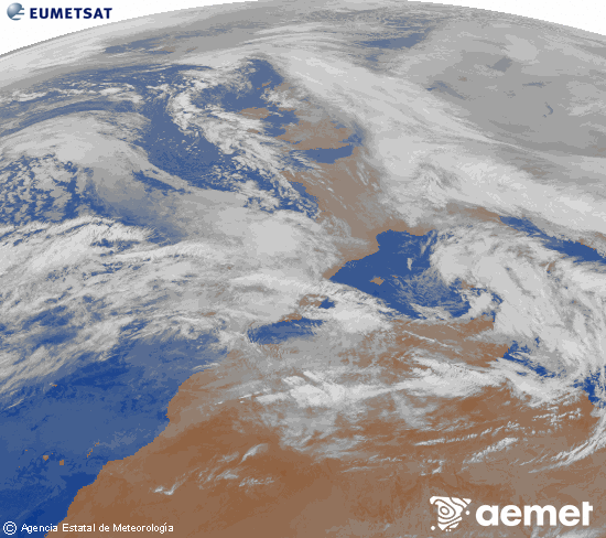 Imagen de la zona de Europa y Norte de �frica del canal infrarrojo del sat�lite Meteosat operacional en 0�N 0�W, procesada para darle color.&nbsp;Wednesday, 28 January  2026 22:00