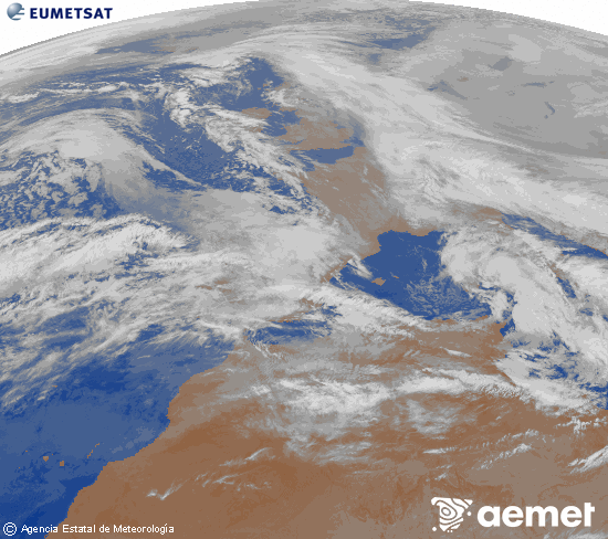 Imagen de la zona de Europa y Norte de �frica del canal infrarrojo del sat�lite Meteosat operacional en 0�N 0�W, procesada para darle color.&nbsp;Wednesday, 28 January  2026 23:00
