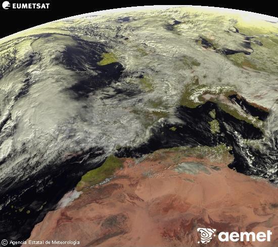 Esta imaxe x�rase utilizando informaci�n das canles visibles do sat�lite METEOSAT pertencente � segunda xeraci�n de sat�lites  Meteosat (MSX). Por ese motivo, s� hai informaci�n na zona iluminada polo sol. Ademais, as canles foron normalizadas para que o brillo non dependa da posici�n do sol.&nbsp;domingo, 1 febreiro  2026 12:00