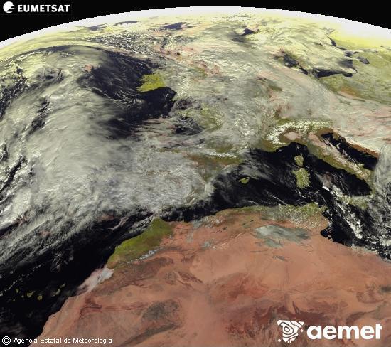 Esta imaxe x�rase utilizando informaci�n das canles visibles do sat�lite METEOSAT pertencente � segunda xeraci�n de sat�lites  Meteosat (MSX). Por ese motivo, s� hai informaci�n na zona iluminada polo sol. Ademais, as canles foron normalizadas para que o brillo non dependa da posici�n do sol.&nbsp;domingo, 1 febreiro  2026 13:00