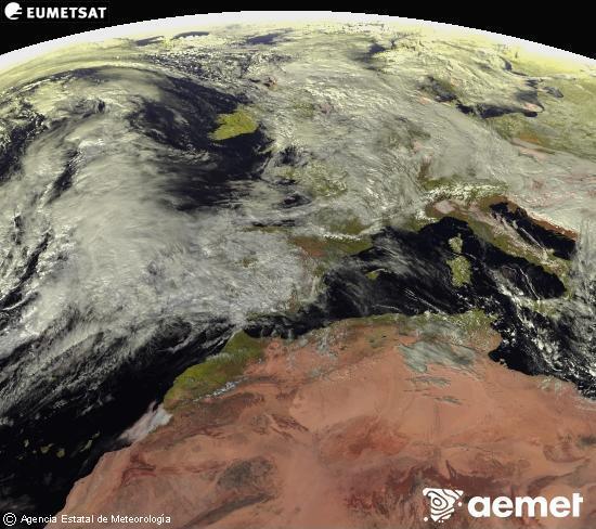 Esta imaxe x�rase utilizando informaci�n das canles visibles do sat�lite METEOSAT pertencente � segunda xeraci�n de sat�lites  Meteosat (MSX). Por ese motivo, s� hai informaci�n na zona iluminada polo sol. Ademais, as canles foron normalizadas para que o brillo non dependa da posici�n do sol.&nbsp;domingo, 1 febreiro  2026 14:00