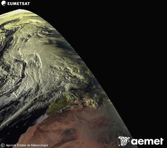 Esta imaxe x�rase utilizando informaci�n das canles visibles do sat�lite METEOSAT pertencente � segunda xeraci�n de sat�lites  Meteosat (MSX). Por ese motivo, s� hai informaci�n na zona iluminada polo sol. Ademais, as canles foron normalizadas para que o brillo non dependa da posici�n do sol.&nbsp;domingo, 1 febreiro  2026 18:00