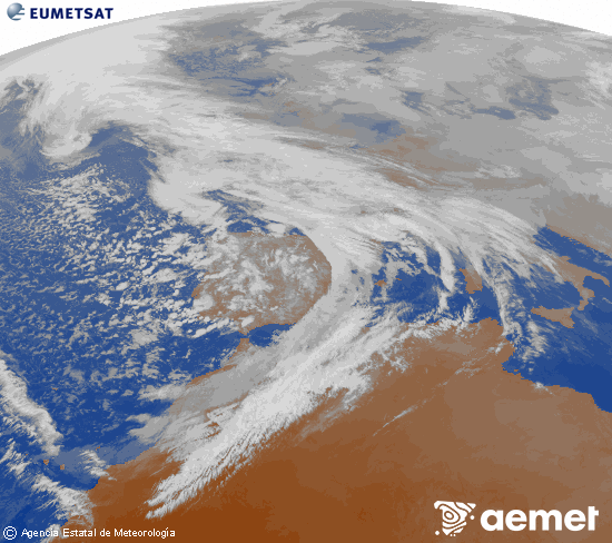Imagen de la zona de Europa y Norte de �frica del canal infrarrojo del sat�lite Meteosat operacional en 0�N 0�W, procesada para darle color.&nbsp;dilluns, 2 de febrer  2026 18:00