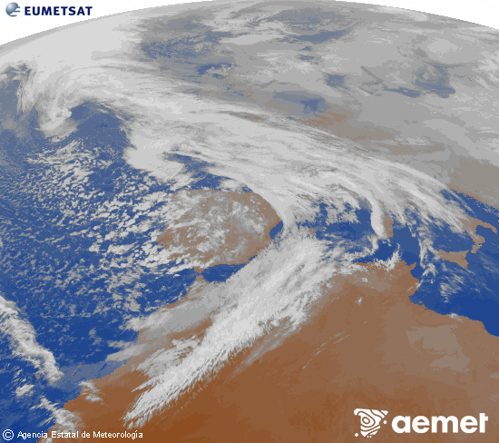Imagen de la zona de Europa y Norte de �frica del canal infrarrojo del sat�lite Meteosat operacional en 0�N 0�W, procesada para darle color.&nbsp;dilluns, 2 de febrer  2026 19:00