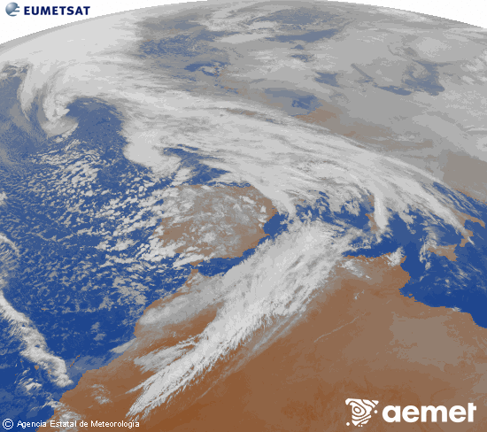 Imagen de la zona de Europa y Norte de �frica del canal infrarrojo del sat�lite Meteosat operacional en 0�N 0�W, procesada para darle color.&nbsp;dilluns, 2 de febrer  2026 20:00