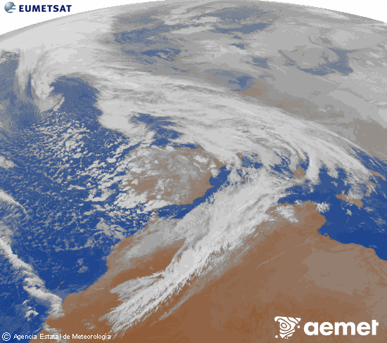 Imagen de la zona de Europa y Norte de �frica del canal infrarrojo del sat�lite Meteosat operacional en 0�N 0�W, procesada para darle color.&nbsp;dilluns, 2 de febrer  2026 21:00
