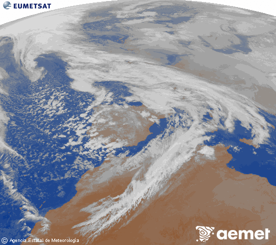 Imagen de la zona de Europa y Norte de �frica del canal infrarrojo del sat�lite Meteosat operacional en 0�N 0�W, procesada para darle color.&nbsp;dilluns, 2 de febrer  2026 22:00