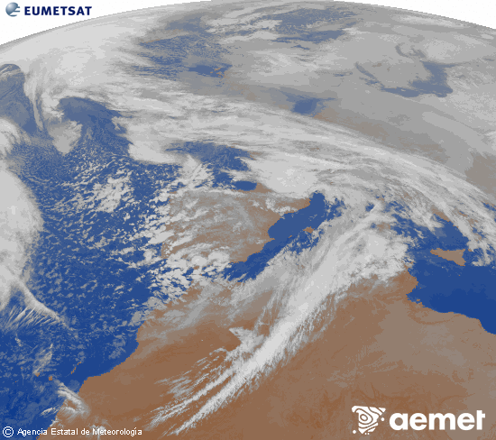 Imagen de la zona de Europa y Norte de �frica del canal infrarrojo del sat�lite Meteosat operacional en 0�N 0�W, procesada para darle color.&nbsp;dimarts, 3 de febrer  2026 00:00