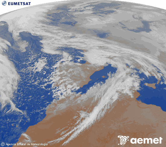 Imagen de la zona de Europa y Norte de �frica del canal infrarrojo del sat�lite Meteosat operacional en 0�N 0�W, procesada para darle color.&nbsp;dimarts, 3 de febrer  2026 01:00