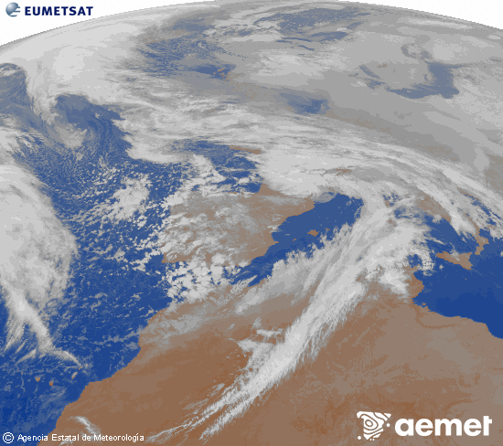 Imagen de la zona de Europa y Norte de �frica del canal infrarrojo del sat�lite Meteosat operacional en 0�N 0�W, procesada para darle color.&nbsp;dimarts, 3 de febrer  2026 02:00