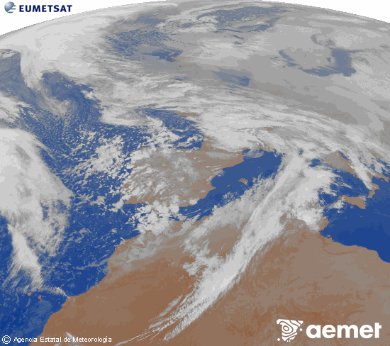 Imagen de la zona de Europa y Norte de �frica del canal infrarrojo del sat�lite Meteosat operacional en 0�N 0�W, procesada para darle color.&nbsp;dimarts, 3 de febrer  2026 03:00